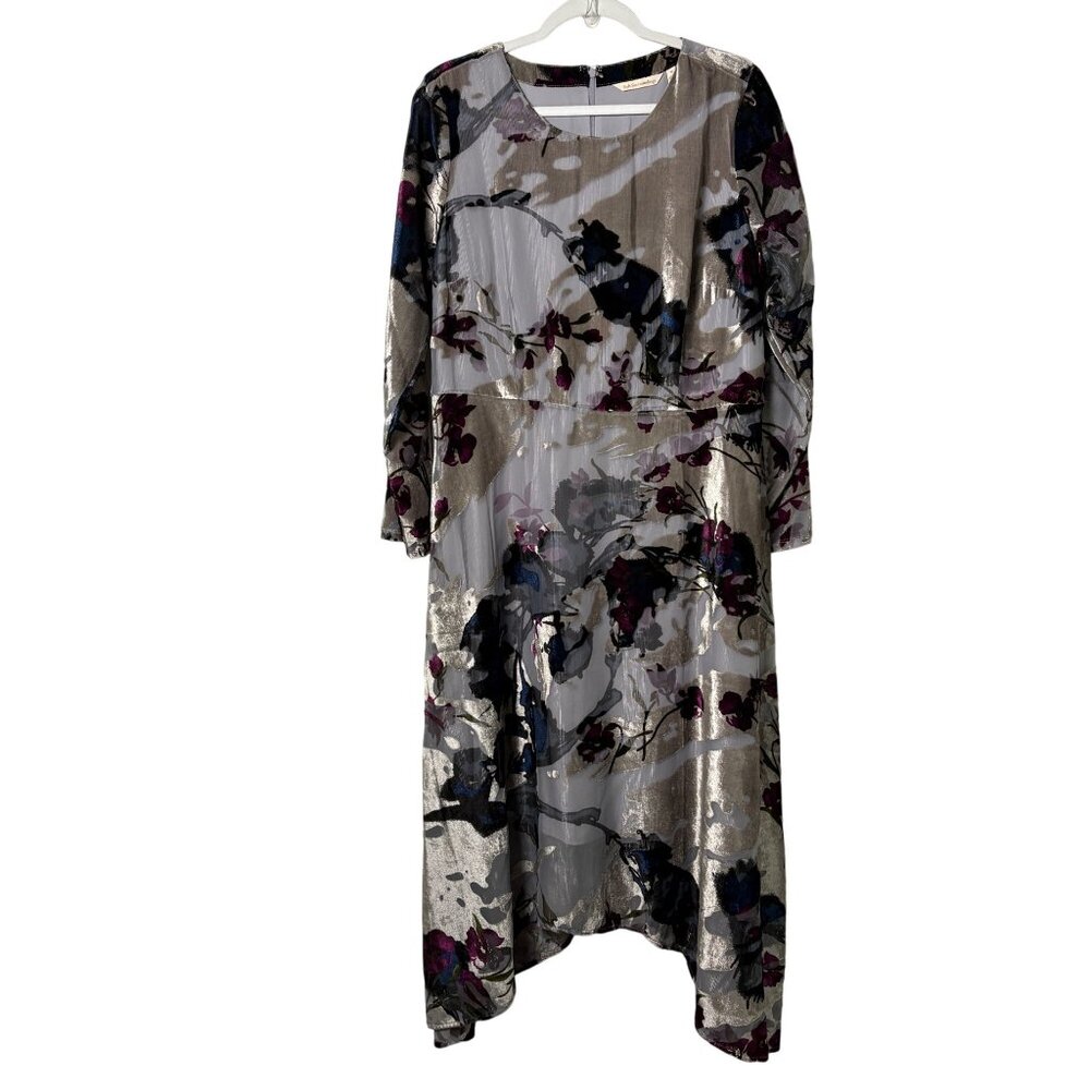 Soft Surroundings Annika Midi Dress Size M Gray Purple Floral Velvet Chiffon